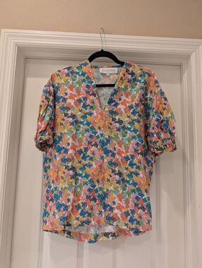 Brooke Wright Cotton Linen Floral V-Neck Blouse Size S/M